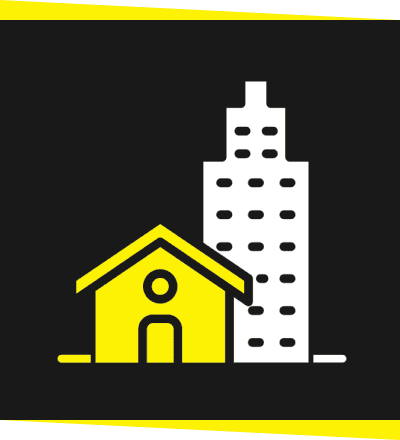 House and skyscraper icon on black background